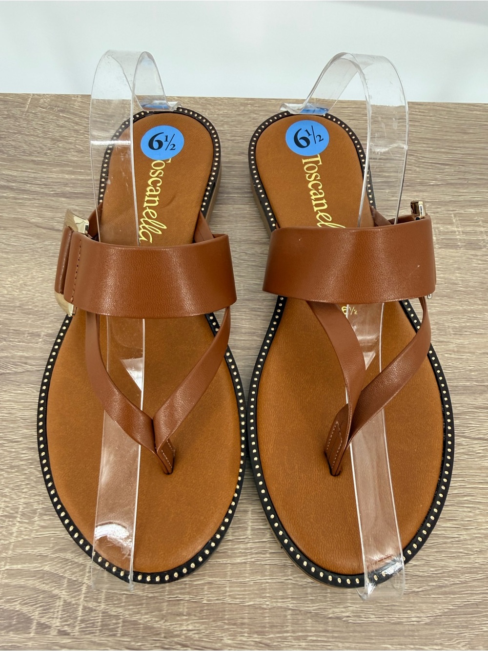 Toscanella Italy Women 6.5 Brown Leather Studded Thong Sandals Slide Buckle Flat